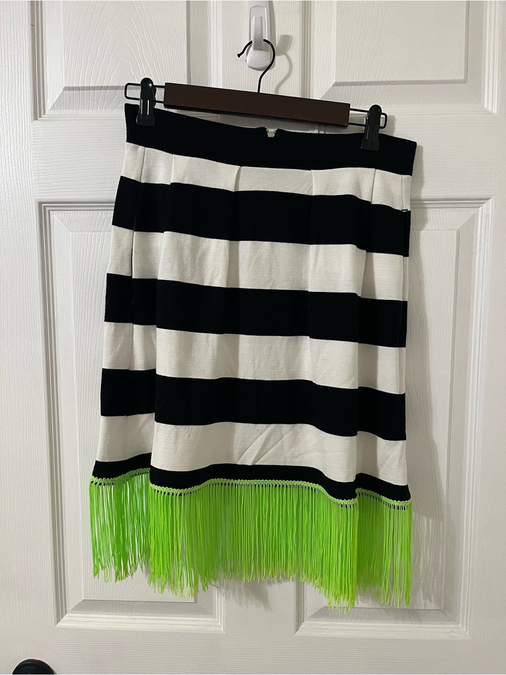 French Black and White Striped Skirt with Neon Fluorescent Lime Green Fringe
